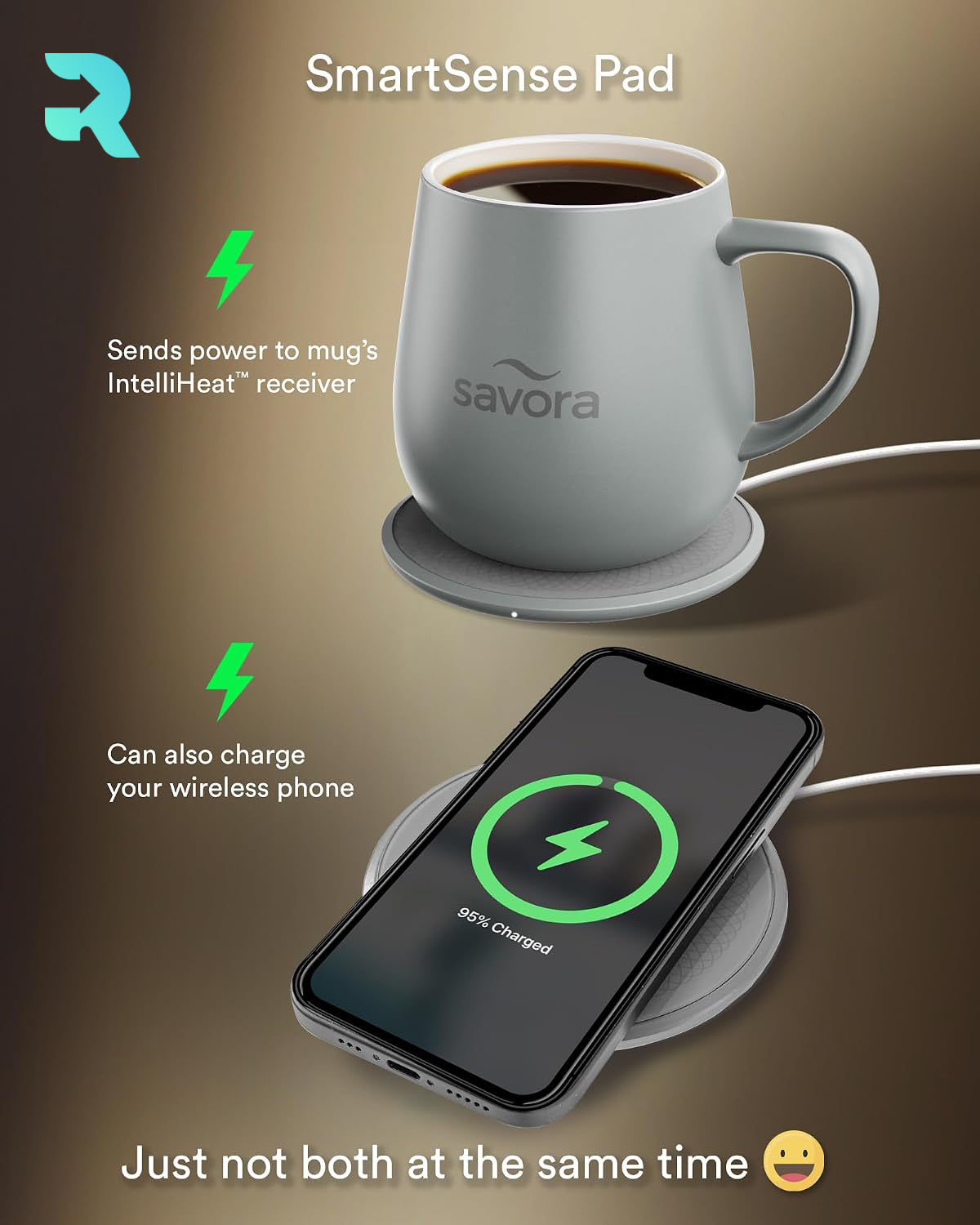 Savora IntelliHeat Heated Coffee Mug with Smart Sense Pad Charcoal (New)