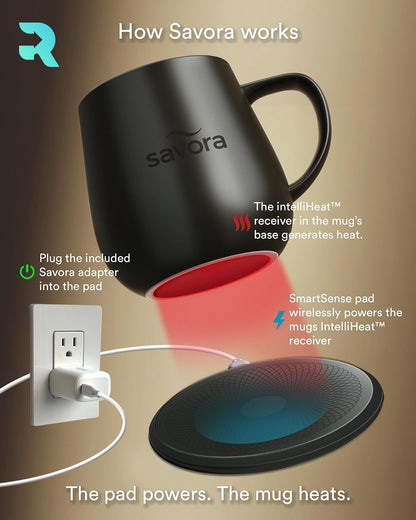 Savora IntelliHeat Heated Coffee Mug with Smart Sense Pad Black (New)