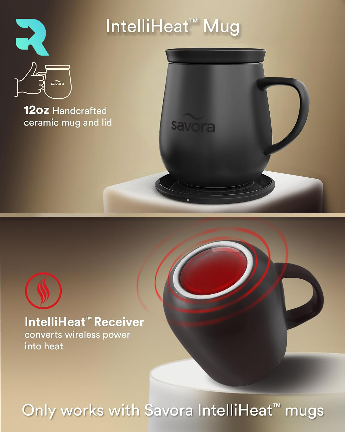 Savora IntelliHeat Heated Coffee Mug with Smart Sense Pad Black (New)