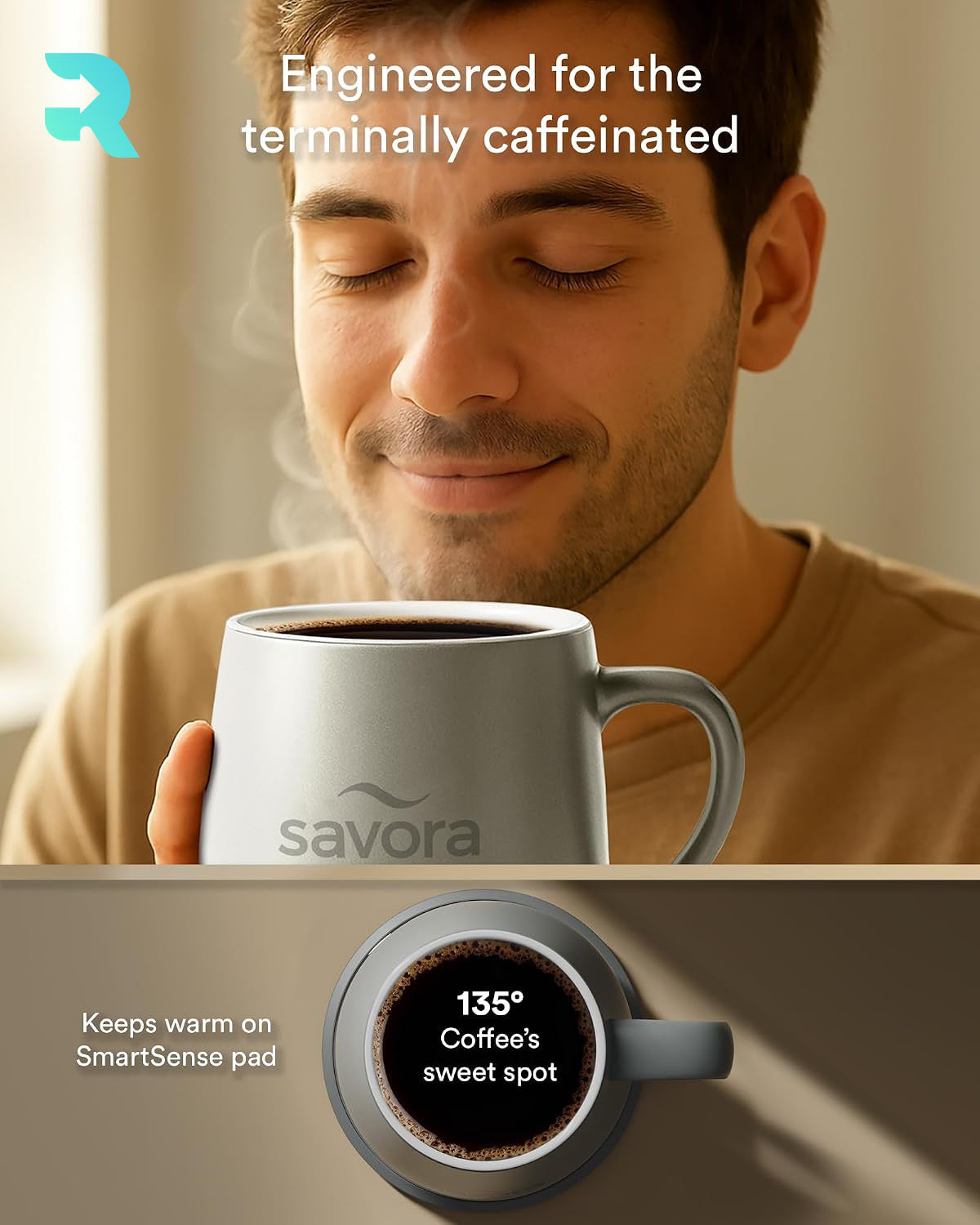 Savora IntelliHeat Heated Coffee Mug with Smart Sense Pad Charcoal (New)