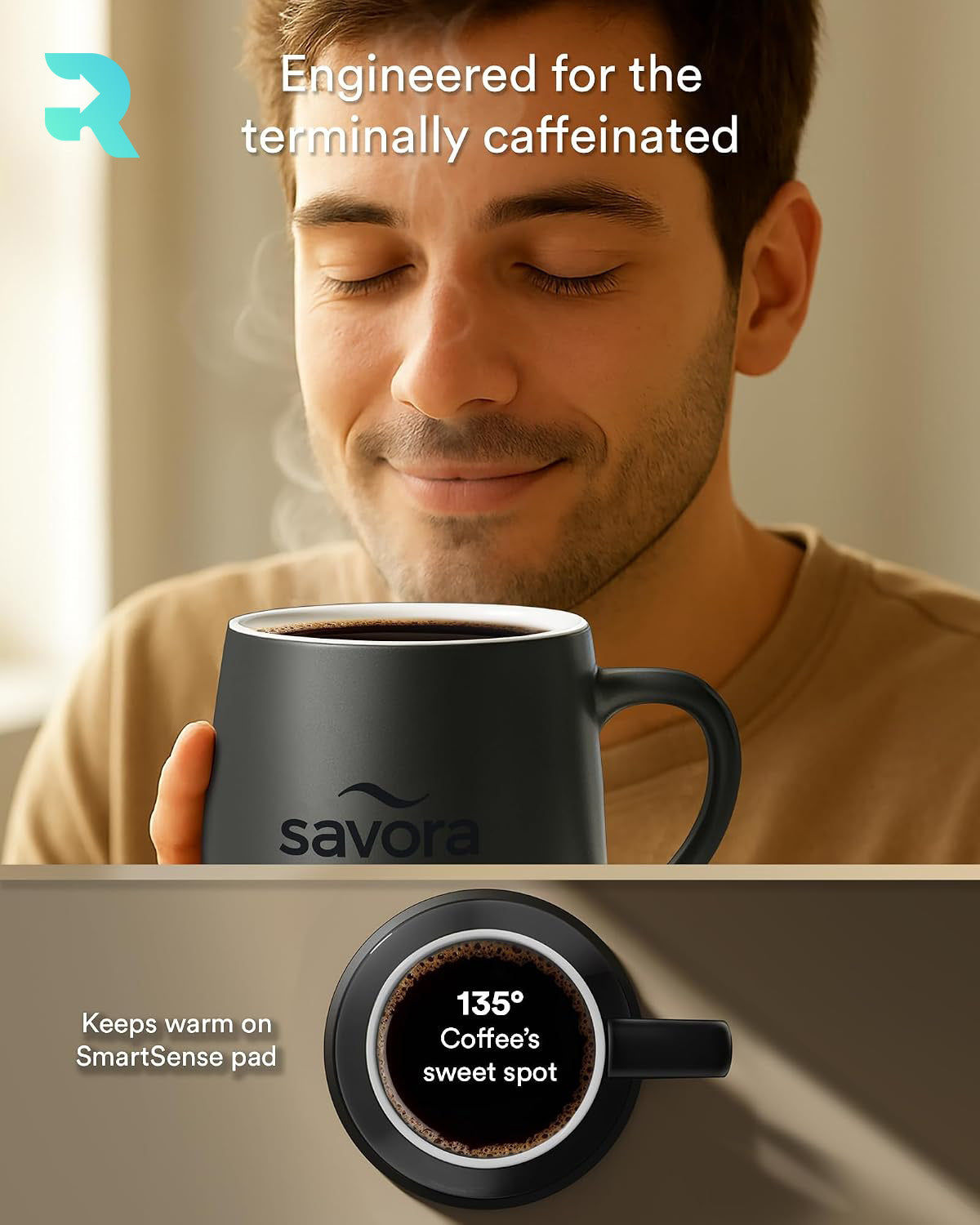 Savora IntelliHeat Heated Coffee Mug with Smart Sense Pad Black (New)